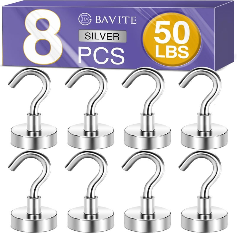 E BAVITE Heavy Duty Magnetic Hooks,50 LBS Strong Neodymium Magnet Hook for Home, Kitchen, Workplace, Office and Garage, 20mm(0.78inch) in Diameter - Pack of 8 - Image 1